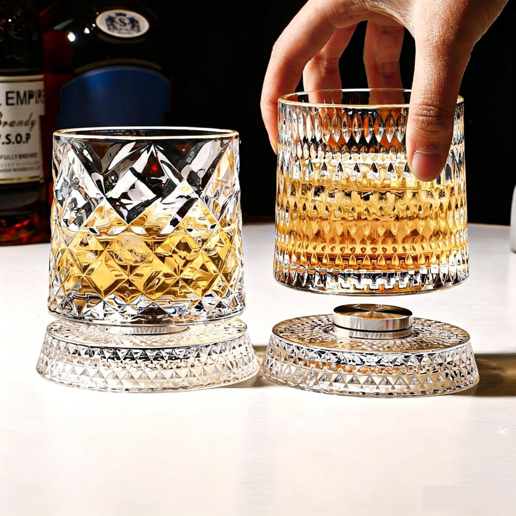 Rotating whiskey glass with detachable illuminated coaster