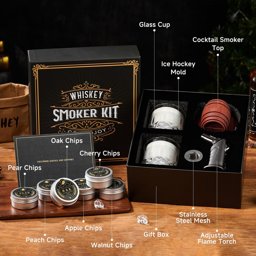 Contenu du coffret fumoir à whisky et six variétés de bois