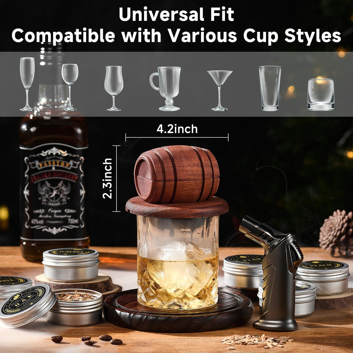 Dimensions du fumoir à whisky et exemples de formes de verres